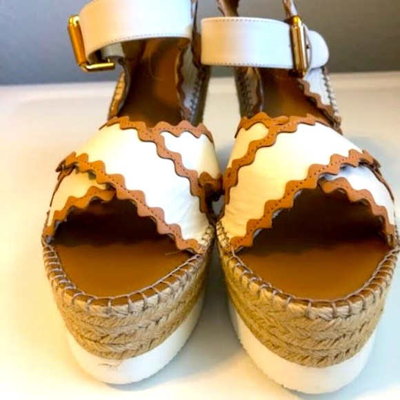 New SEE by CHLOE' Glyn Scalloped Leather Espadrille Wedge Sandal 11 MSRP $350 - Picture 5 of 9